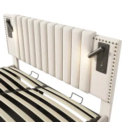 Gutent Lit rembourré 160x200cm, lit de rangement avec sommier à lattes, lumière de lecture et fonction de chargement usb, coton, beige* Lit Avec Rangement