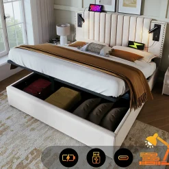 Gutent Lit rembourré 160x200cm, lit de rangement avec sommier à lattes, lumière de lecture et fonction de chargement usb, coton, beige* Lit Avec Rangement
