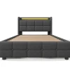Gutent Lit rembourré 90x200cm lit de rangement lit 2 tiroirs lit éclairage led lit sommier à lattes en bois Single lin gris* Lit Avec Rangement