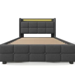 Gutent Lit rembourré 90x200cm lit de rangement lit 2 tiroirs lit éclairage led lit sommier à lattes en bois Single lin gris* Lit Avec Rangement
