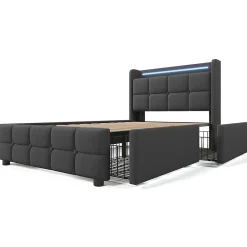 Gutent Lit rembourré 90x200cm lit de rangement lit 2 tiroirs lit éclairage led lit sommier à lattes en bois Single lin gris* Lit Avec Rangement