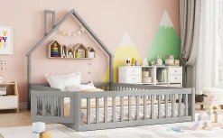 Lit Rembourré 140x200cm, Lit Maison Enfant, Bois de Pin, Blanc><noscript><img width=