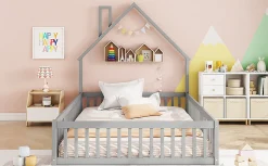 Lit Rembourré 140x200cm, Lit Maison Enfant, Bois de Pin, Blanc><noscript><img width=