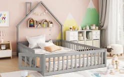 Lit Rembourré 140x200cm, Lit Maison Enfant, Bois de Pin, Blanc><noscript><img width=