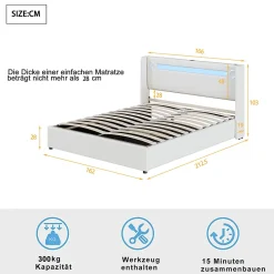 Gutent Lit rembourré 160x200cm lit sommier à lattes lit barre lumineuse à led lecteur bluetooth et recharge usb lit double cuir pu blanc* Lit Avec Rangement