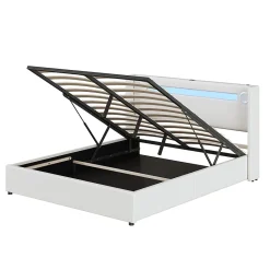 Gutent Lit rembourré 160x200cm lit sommier à lattes lit barre lumineuse à led lecteur bluetooth et recharge usb lit double cuir pu blanc* Lit Avec Rangement