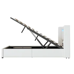 Gutent Lit rembourré 160x200cm lit sommier à lattes lit barre lumineuse à led lecteur bluetooth et recharge usb lit double cuir pu blanc* Lit Avec Rangement