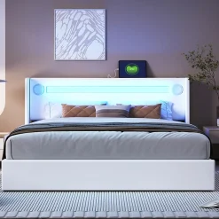 Gutent Lit rembourré 160x200cm lit sommier à lattes lit barre lumineuse à led lecteur bluetooth et recharge usb lit double cuir pu blanc* Lit Avec Rangement