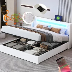 Gutent Lit rembourré 160x200cm lit sommier à lattes lit barre lumineuse à led lecteur bluetooth et recharge usb lit double cuir pu blanc* Lit Avec Rangement