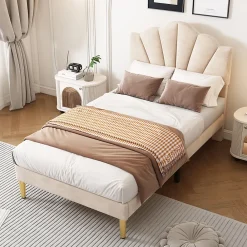 Gutent Lit rembourré 90x200cm lit sommier à lattes en bois lit des pieds de fer dorés lit de rangement banc Single velours beige* Lit Avec Rangement