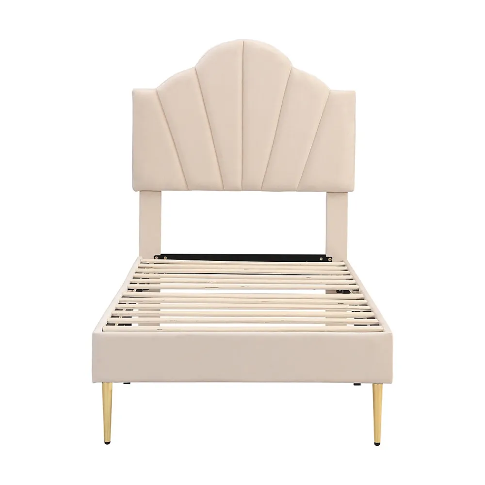 Gutent Lit rembourré 90x200cm lit sommier à lattes en bois lit des pieds de fer dorés lit de rangement banc Single velours beige* Lit Avec Rangement