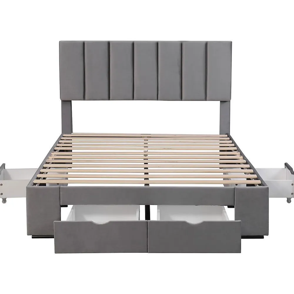 Lit Rembourré 140X200Cm Velours Tiroirs Gris>Blackcolors Outlet