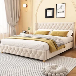 Blackcolors Lit Rembourré 180X200Cm Velours Bois Beige* Lit Avec Rangement