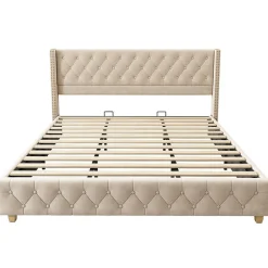 Blackcolors Lit Rembourré 180X200Cm Velours Bois Beige* Lit Avec Rangement