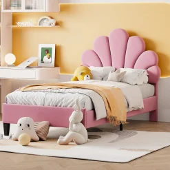 Lit rembourre 90 sur 200 cm avec tete de lit fleurie en velours doux cadre avec sommier lit dappoint rose><noscript><img width=