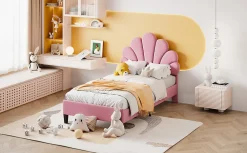 Lit rembourre 90 sur 200 cm avec tete de lit fleurie en velours doux cadre avec sommier lit dappoint rose><noscript><img width=