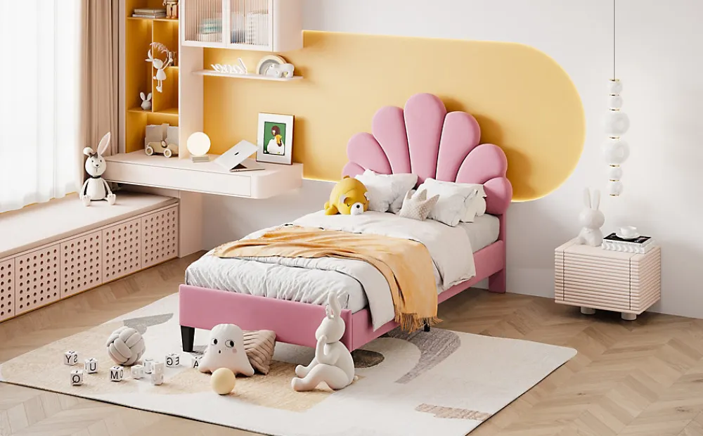 Lit rembourre 90 sur 200 cm avec tete de lit fleurie en velours doux cadre avec sommier lit dappoint rose>Redom Discount