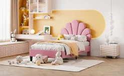 Lit rembourre 90 sur 200 cm avec tete de lit fleurie en velours doux cadre avec sommier lit dappoint rose><noscript><img width=