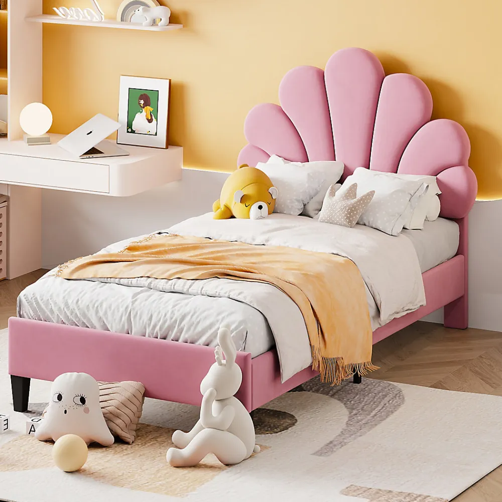 Lit rembourre 90 sur 200 cm avec tete de lit fleurie en velours doux cadre avec sommier lit dappoint rose>Redom Discount