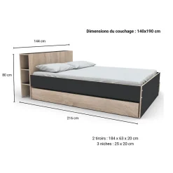 Lit RIGA 140x190cm + tête de lit + 2 tiroirs / Décor Noir et Chêne blanchi><noscript><img width=