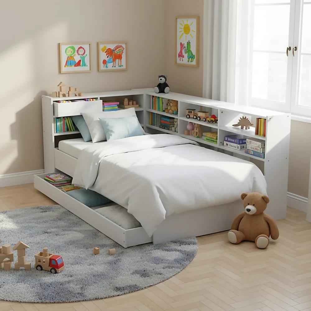 Lit ROLLER 90x190 + 1 sommier + 1 tiroir + étagères / Blanc>Weber Industries Outlet