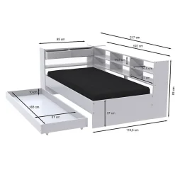 Lit ROLLER 90x190 + 1 sommier + 1 tiroir + étagères / Blanc><noscript><img width=