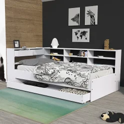 Lit ROLLER 90x190 + 1 sommier + 1 tiroir + étagères / Blanc><noscript><img width=