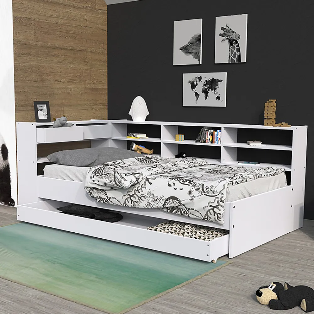 Lit ROLLER 90x190 + 1 sommier + 1 tiroir + étagères / Blanc>Weber Industries Outlet