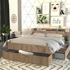 Lit SAMBA 140x190cm + tête de lit + 2 tiroirs / Décor Chêne blanchi>Weber Industries Sale