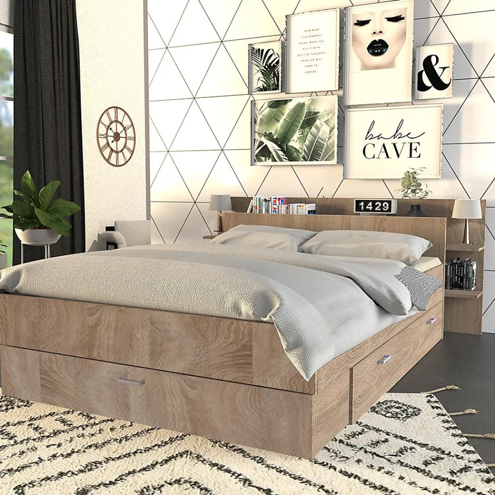 Lit SAMBA 140x190cm + tête de lit + 2 tiroirs / Décor Chêne blanchi>Weber Industries Sale