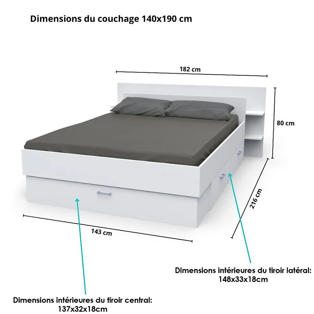 Lit SAMBA 140x190cm + tête de lit + 2 tiroirs / Blanc>Weber Industries Clearance