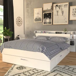 Lit SAMBA 140x190cm + tête de lit + 2 tiroirs / Blanc><noscript><img width=
