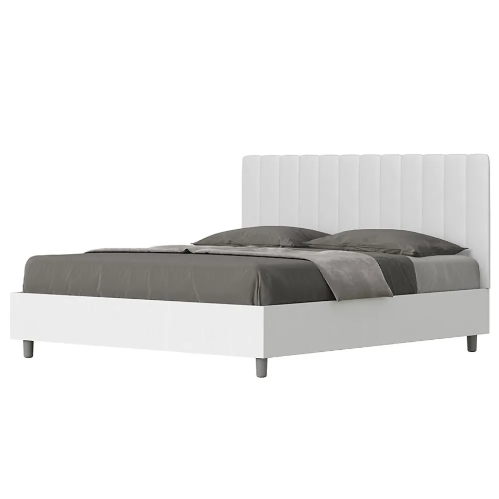 Lit sans sommier 160x200 structure frêne blanc tête de lit mélamine blanc/simili cuir Kaia>Ityhome Clearance