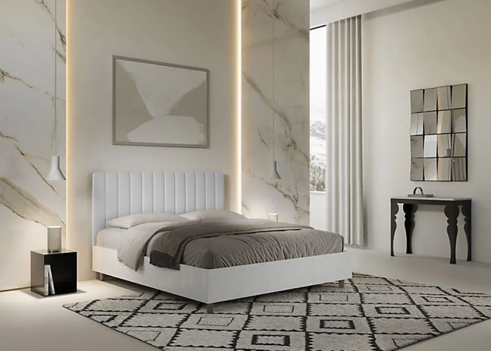 Lit sans sommier 160x200 structure frêne blanc tête de lit mélamine blanc/simili cuir Kaia>Ityhome Clearance