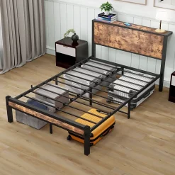 Okwish Lit Simple - Lit Métal 120x200 cm avec Tête de Lit et Rangement pour Ado - MDF et Métal - Marron - sans Matelas* Lit Simple