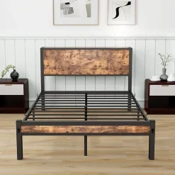 Okwish Lit Simple - Lit Métal 120x200 cm avec Tête de Lit et Rangement pour Ado - MDF et Métal - Marron - sans Matelas* Lit Simple