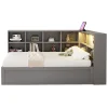 Lit simple 90 par 200 cm en bois massif avec prises multiples rangements et barre lumineuse systeme hydraulique gris>Redom Hot