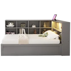 Lit simple 90 par 200 cm en bois massif avec prises multiples rangements et barre lumineuse systeme hydraulique gris>Redom Hot