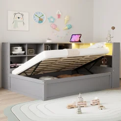 Lit simple 90 par 200 cm en bois massif avec prises multiples rangements et barre lumineuse systeme hydraulique gris><noscript><img width=