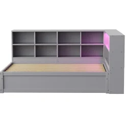 Lit simple 90 par 200 cm en bois massif avec prises multiples rangements et barre lumineuse systeme hydraulique gris><noscript><img width=