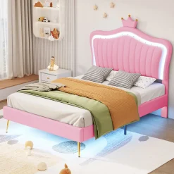 Lit simple 90 sur 200 cm cadre en PU cuir rose style couronne avec LED sommier et tête de lit matelas non inclus>Redom New