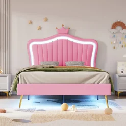 Lit simple 90 sur 200 cm cadre en PU cuir rose style couronne avec LED sommier et tête de lit matelas non inclus>Redom New