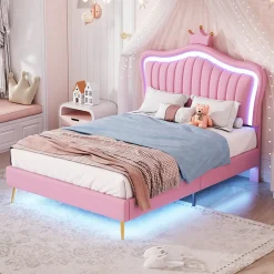 Lit simple 90 sur 200 cm cadre en PU cuir rose style couronne avec LED sommier et tête de lit matelas non inclus><noscript><img width=