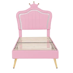 Lit simple 90 sur 200 cm cadre en PU cuir rose style couronne avec LED sommier et tête de lit matelas non inclus><noscript><img width=