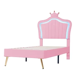Lit simple 90 sur 200 cm cadre en PU cuir rose style couronne avec LED sommier et tête de lit matelas non inclus><noscript><img width=