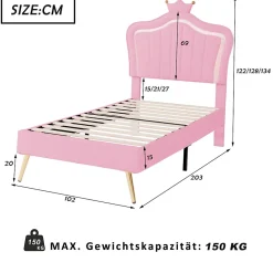 Lit simple 90 sur 200 cm cadre en PU cuir rose style couronne avec LED sommier et tête de lit matelas non inclus><noscript><img width=