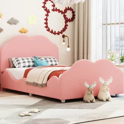 Redom Lit simple 90 sur 200 cm cadre avec barrières tête et pied en forme de nuage en velours doux rose* Lit Simple