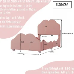 Redom Lit simple 90 sur 200 cm cadre avec barrières tête et pied en forme de nuage en velours doux rose* Lit Simple