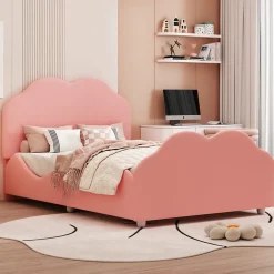Redom Lit simple 90 sur 200 cm cadre avec barrières tête et pied en forme de nuage en velours doux rose* Lit Simple