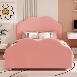 Redom Lit simple 90 sur 200 cm cadre avec barrières tête et pied en forme de nuage en velours doux rose* Lit Simple